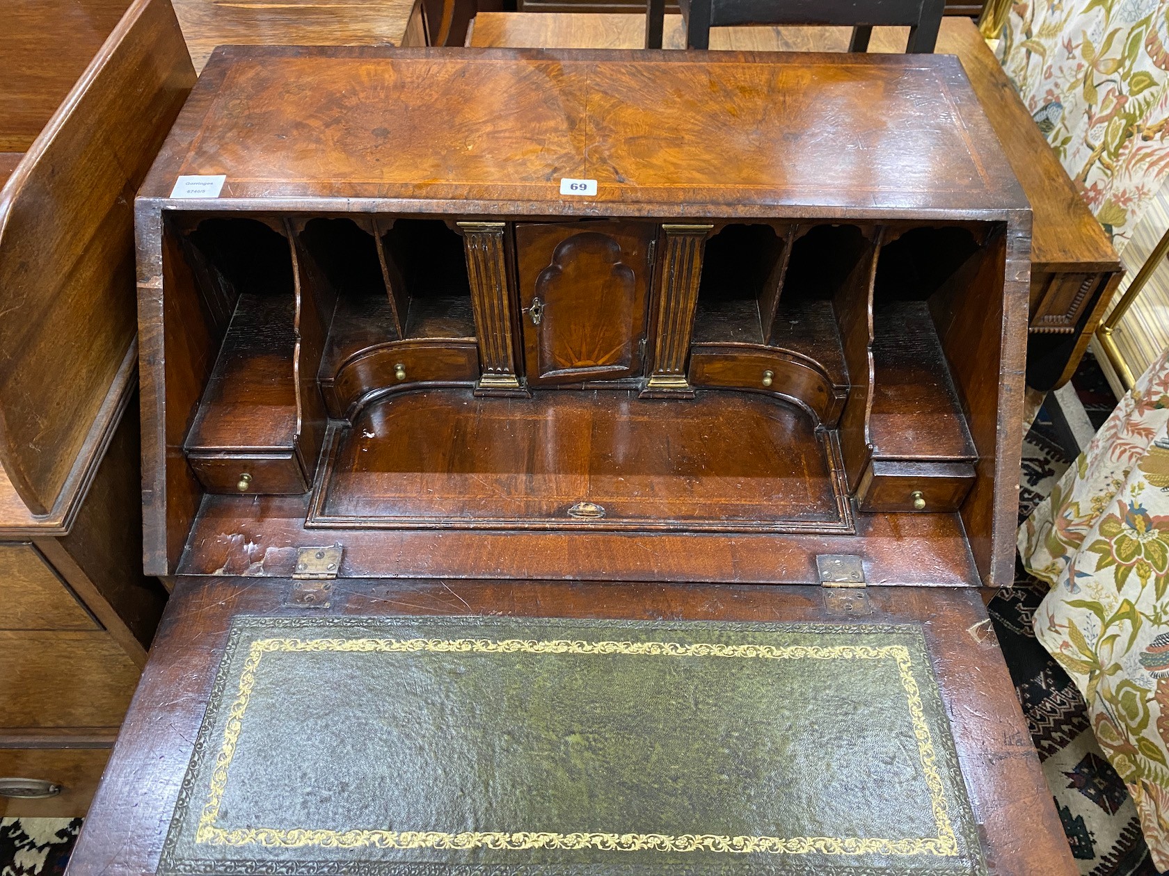A Queen Anne revival feather banded walnut bureau, width 76cm, depth 50cm, height 101cm